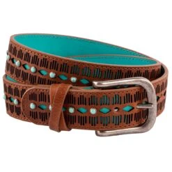 Catchfly Leather Laced Edge And Turquoise Accent Ladies Belt